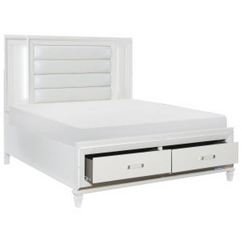 Delcy Queen Platform Bed, LED Headboard, 2 Drawer Footboard, Mirror, White