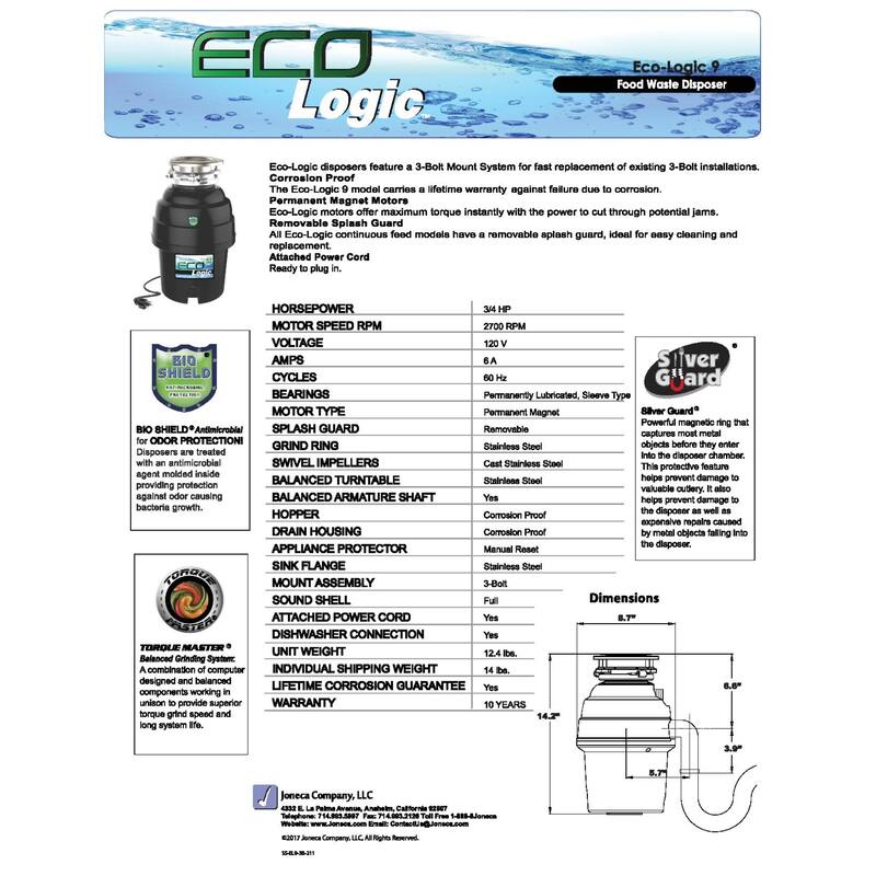 Eco Logic Continuous Feed Garbage Disposal for Kitchen Sinks