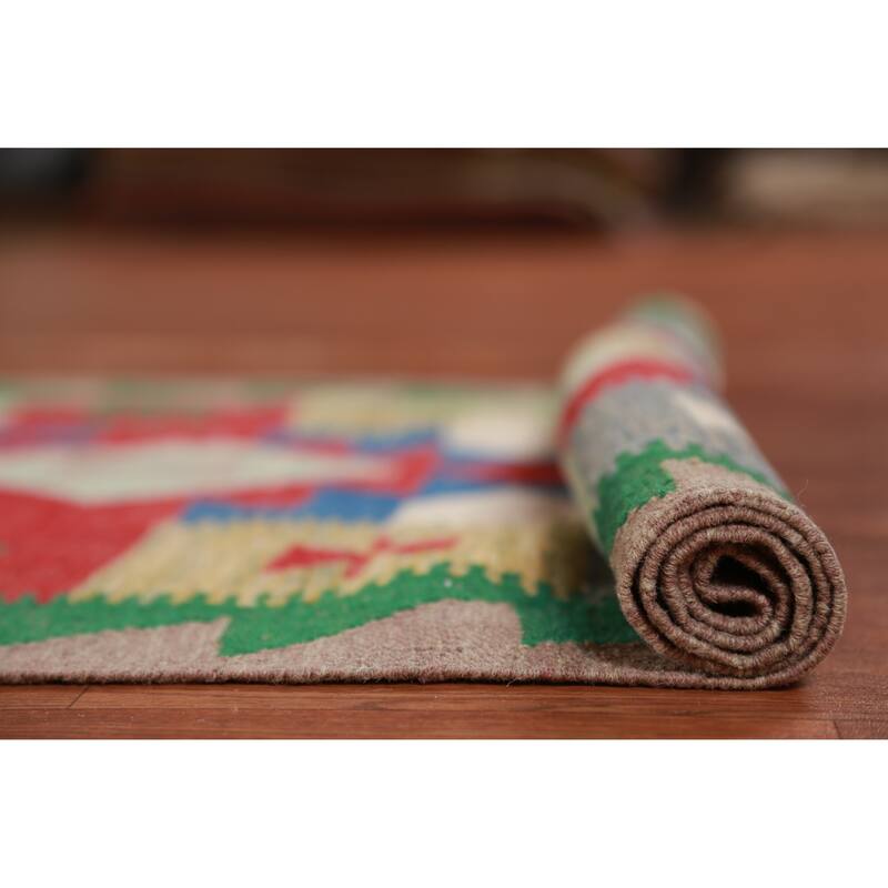 Hand Woven Oriental 100% Wool Carpet Southwestern Geometric Multi-Colored Kilim Runner Rug - 12' 9'' X 2' 7''