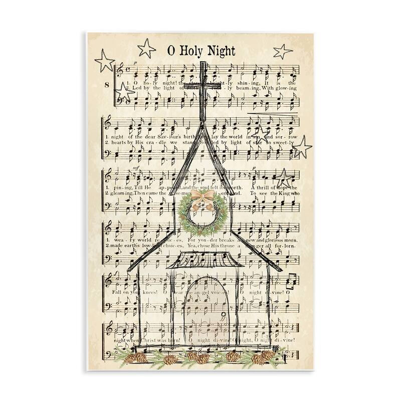 Stupell Festive Winter Church Holy Night Musical Script Wood Wall Art - 10 x 15