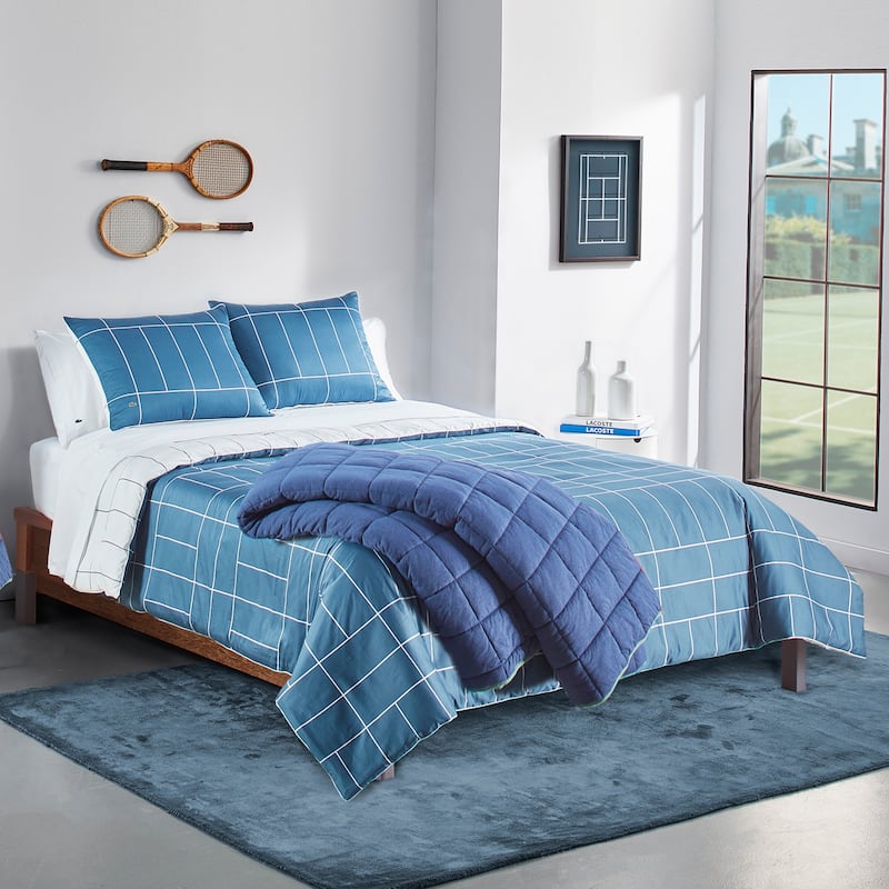 Lacoste Ashcombe Check Reversible 3-Piece Cotton Comforter Set - Full - Queen - Blue