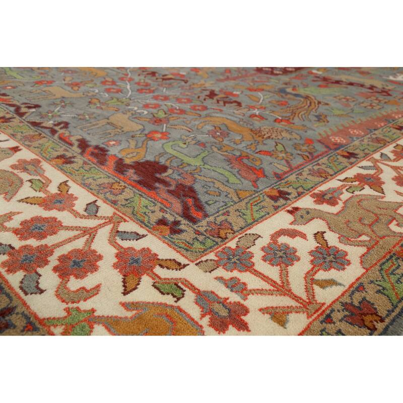 Hunting Animals Design Ziegler Indian Rug Handmade Gray Wool Carpet - 8'11"x 11'8"