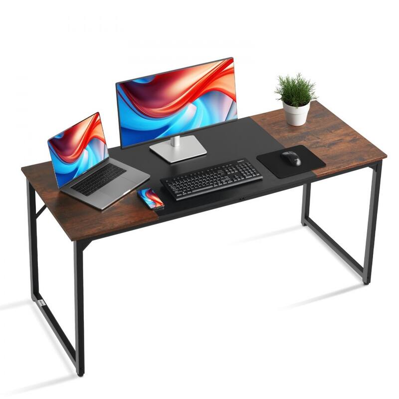 63" Modern Office Desk with Brown Top and Black Stable Steel Frame for Multi-Purpose Use