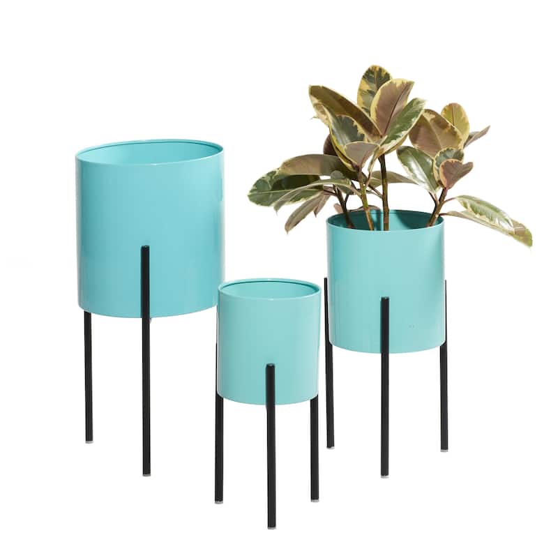 Metal Indoor Outdoor Planter with Removable Stand - Set of 3 Gold, Silver, Black, White, Teal, Yellow - Roche River Decor - Teal - 12", 14", 18"H