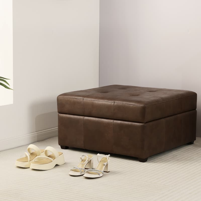 Adeco Storage Ottoman Square Bench Tufted Footrest for Living Room