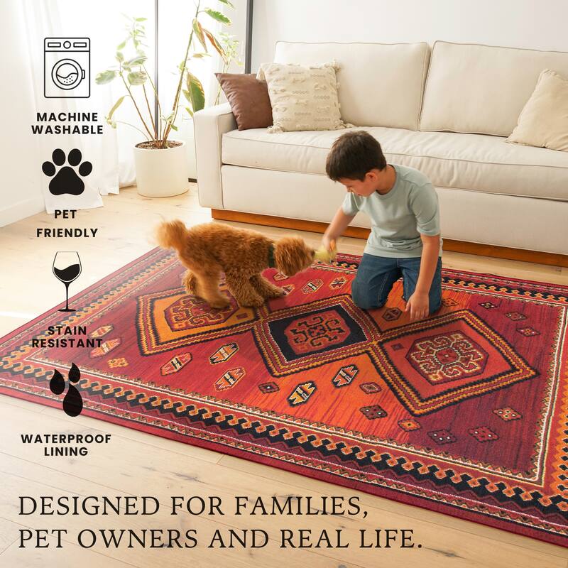 My Magic Carpet Phoenix Kilim Garnet Machine Washable Area Rug