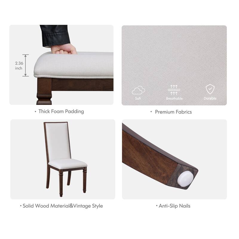 Farmhouse Dining Chair and Bench Set, Solid Wood Upholstered Armless Chair and Dining Bench with Turned Legs