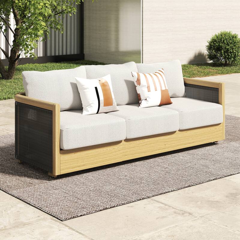 Overture 3-Person Natural Wood Grain Aluminum Hand-Woven Rope 3-seater Patio Sofa Chair with Beige Cushions