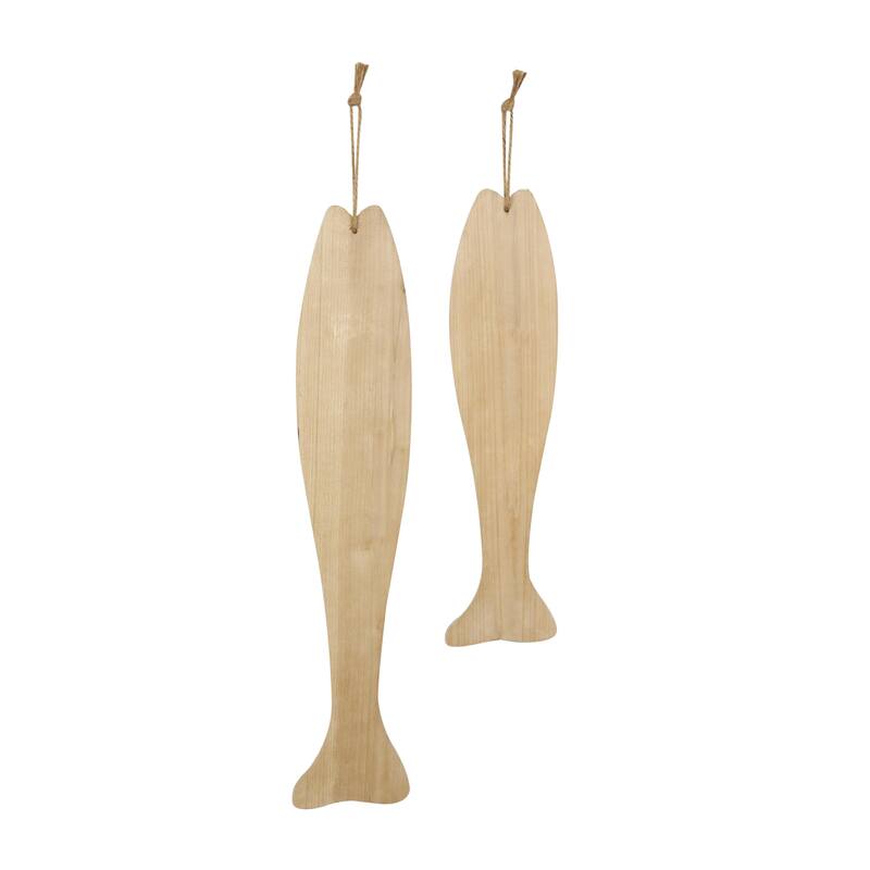 Wood Fish Home Wall Decor with White Stripes and Hanging Rope - Set of 2 Brown - Roche River Decor