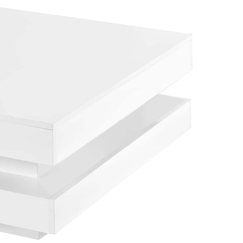 Roomfitters Modern Square Coffee Table with High Gloss Finish, 2-Tier Center Table with Lighting for Stylish Living Room