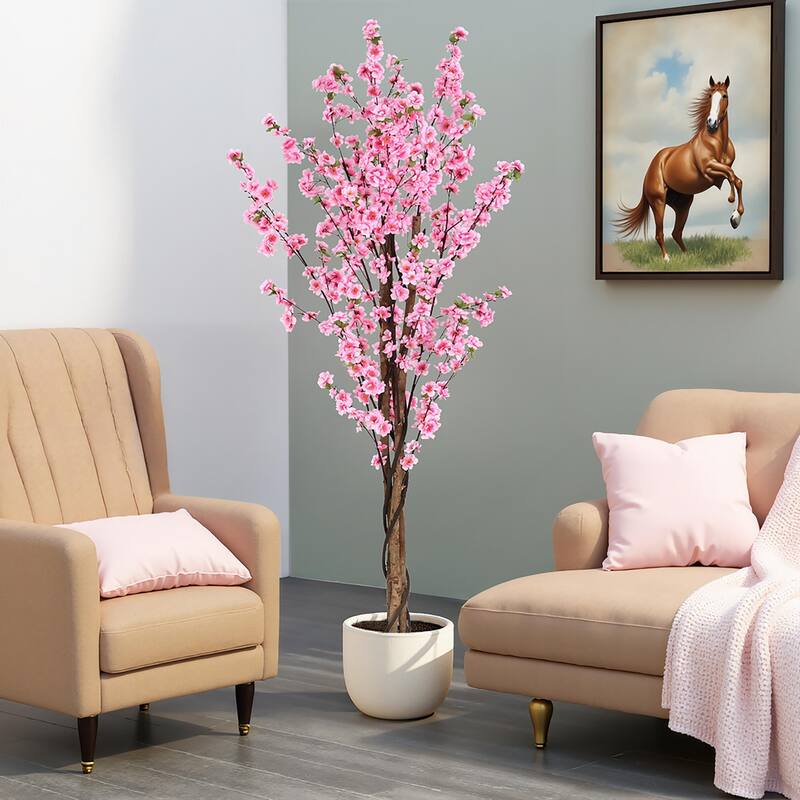 Roomfitters 6' Artificial Peach Blossom Tree with Black Plastic Pot, Lifelike Pink Flower Décor for Home & Office - Pink