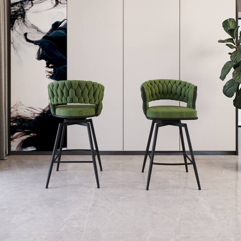 Set of 2 Green 26" Swivel Bar Stools, Linen Woven Upholstery with Back, Footrest & Black Legs
