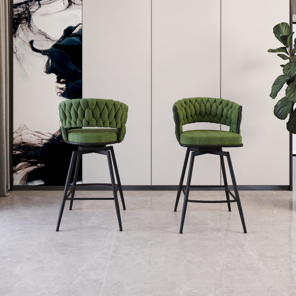 Set of 2 Green 26" Swivel Bar Stools, Linen Woven Upholstery with Back, Footrest & Black Legs