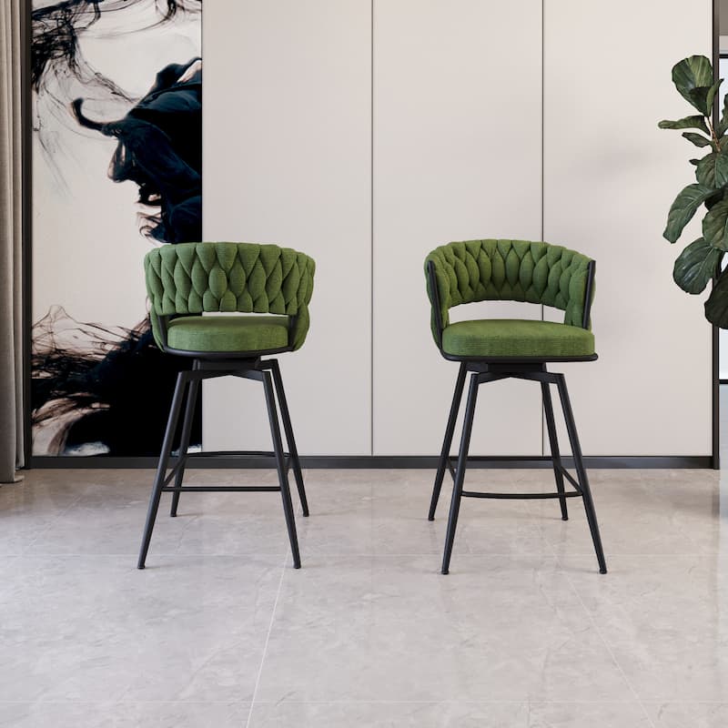 Set of 4 Green 26" Swivel Bar Stools, Suede Woven Upholstery with Back, Footrest & Black Legs