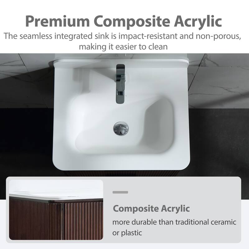 Modland Fluted Floating Vanity with Sink, Plywood Wall Mount Cabinet, Curved Edge, 24/30/36 Inch