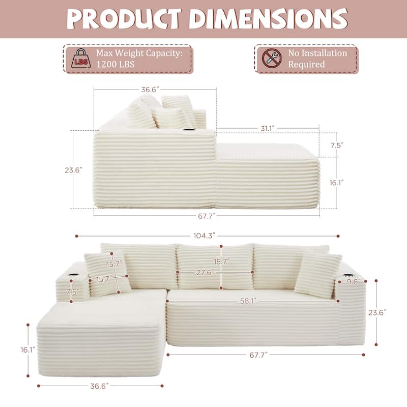 104" Upholstered No-Assembly Modular Sofa Chaise Sofa with Cupholders, Free Combination