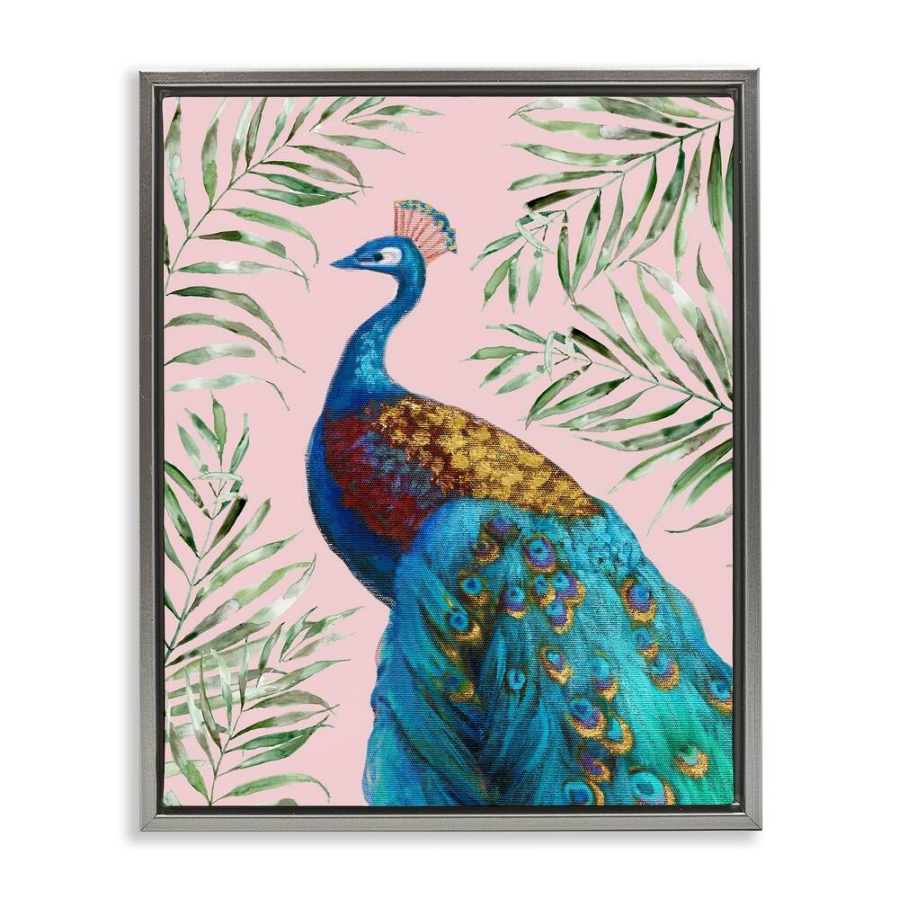 Stupell Elegant Peacock & Palm Sprigs Framed Floater Canvas Wall Art Design By Nan