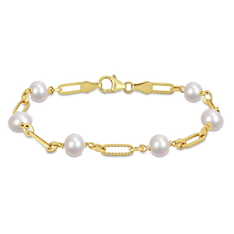 Miadora 7-7.5mm Cultured Freshwater Pearl Fancy Oval Link Bracelet Yellow Silver