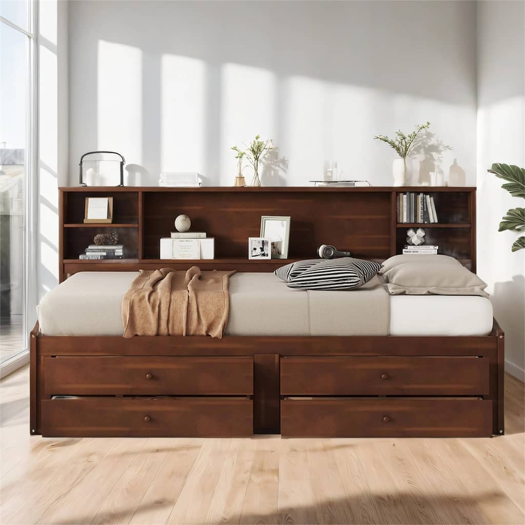 Full Size Wooden Captain Bed with Built-in Storage Shelves, 4 Drawers