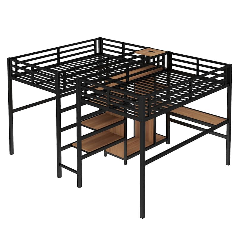 Twin Over Twin Metal Loft Bed with Double Desk, Wardrobe & Shelves