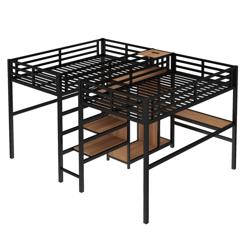 Twin-over-Twin Metal Loft Bed with Double Desks, Wardrobe and Electrical Outlets