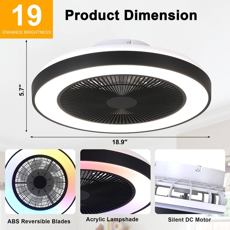Cusp Barn 19" Modern Low Profile Flush Mount Ceiling Fans with Lights, Smart RGB Ceiling Fan with Alexa/Tuya APP/Voice Control