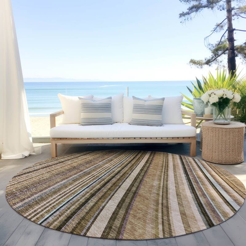 Machine Washable Indoor/ Outdoor Stripe Wave Chantille Rug - Taupe - 8' x 8'
