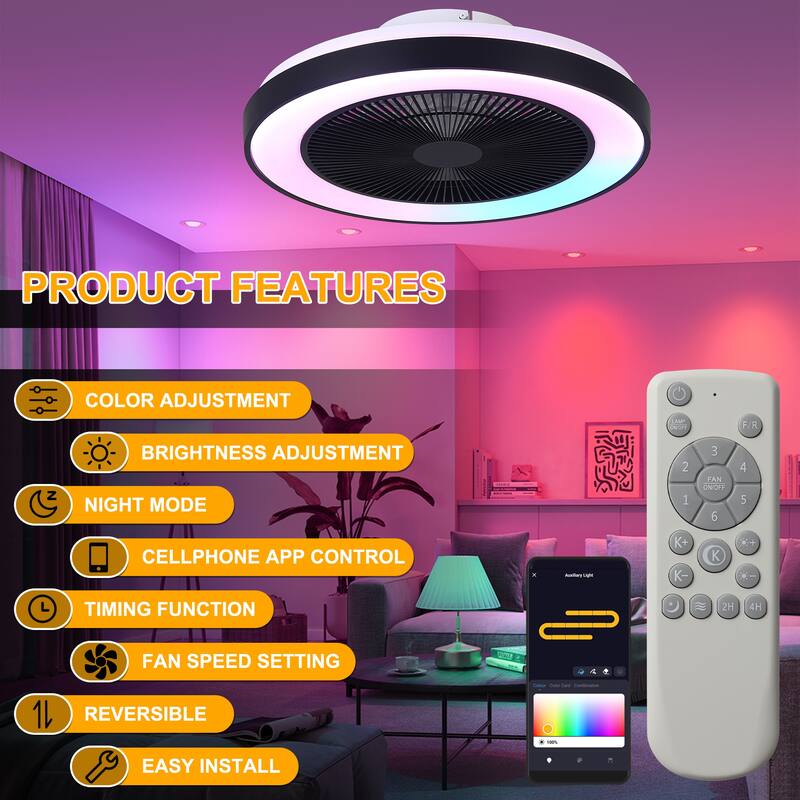 Cusp Barn 19" Modern Low Profile Flush Mount Ceiling Fans with Lights, Smart RGB Ceiling Fan with Alexa/Tuya APP/Voice Control