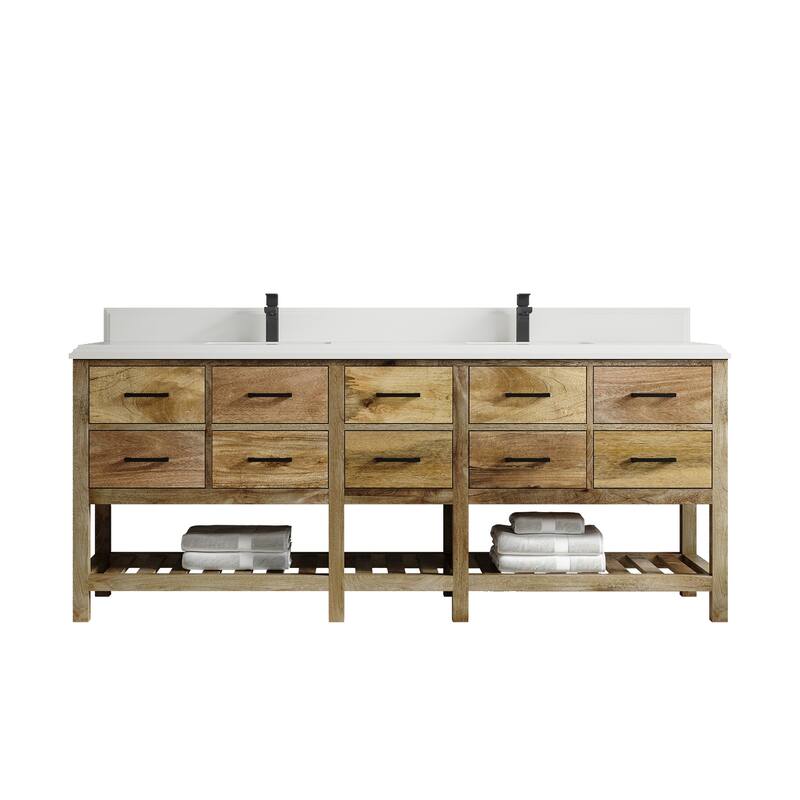 Willow Collections 84 in. W x 22 in. D Parker Mango Double Bowl Sink Bathroom Vanity with Parker Countertop - 1.5" White Quartz - Natural Mango