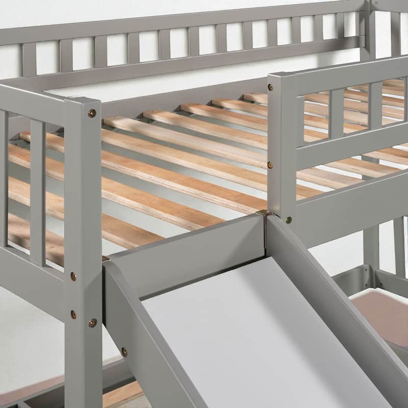 Stairway Twin over Twin Bunk Bed with Slide and 2 Drawers, Reversible Ladder and Guardrails