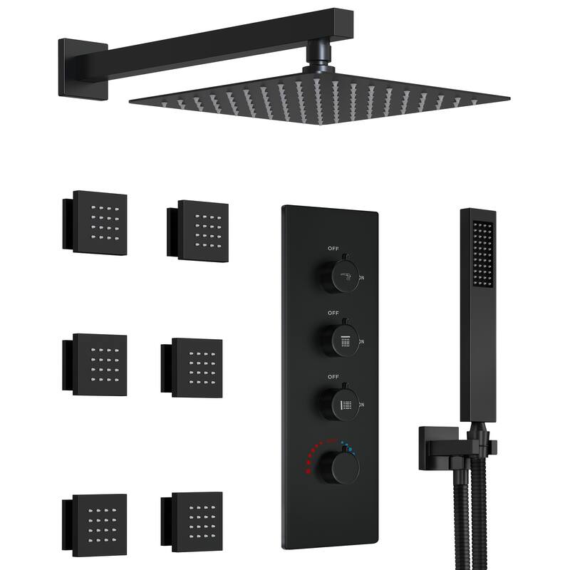 GRANDJOY Thermostatic Shower Faucet Set 12 inch Wall Mount Rainfall Shower Head with 6 Body Jets and Handheld Spray Combo - Matte Black