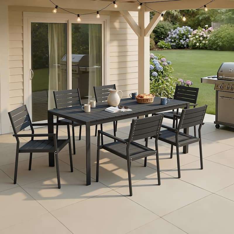 7/9/11-Piece Patio Dining Set Outdoor Aluminum Rectangle Dining Table and Stackable Chairs - Black - Set of 7
