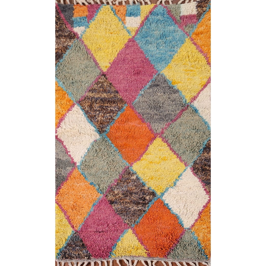 Colorful Trellis Plush Moroccan Accent Rug Handmade Wool Carpet - 3'0" x 5'2"