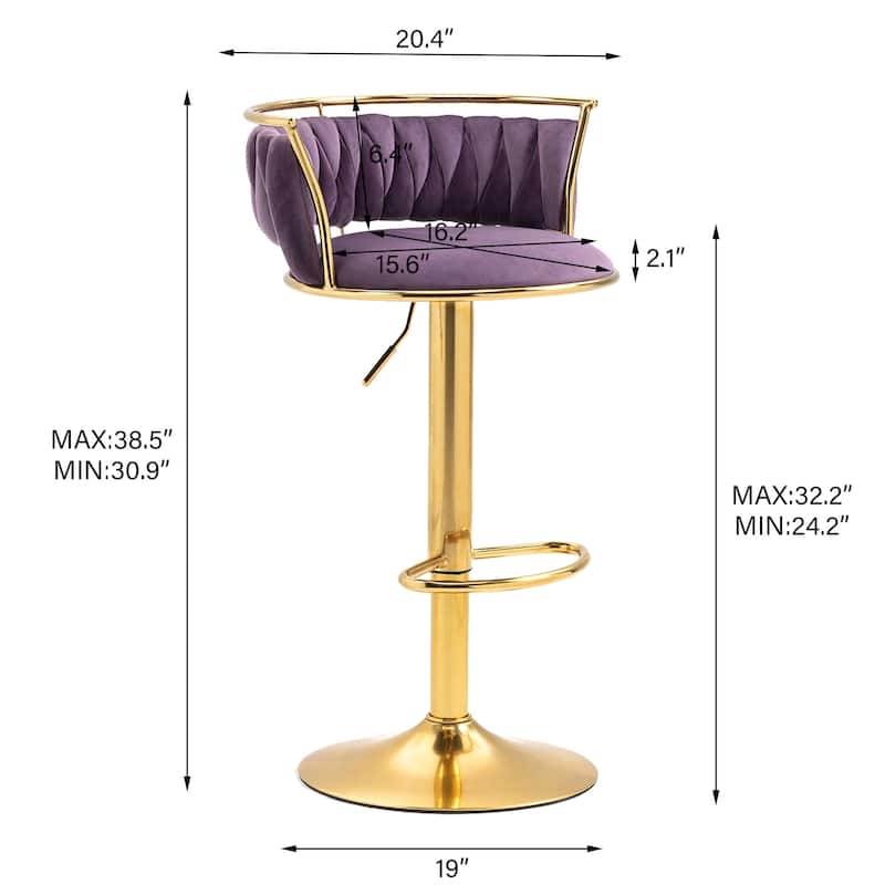 Velvet Upholstered Adjustable Bar Stool Swivel Counter Chair Set of 2