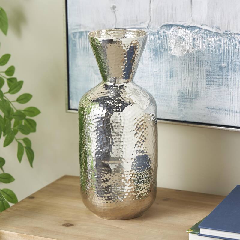 Silver Aluminum Metal Hammered Decorative Vase with Cone Shaped Opening