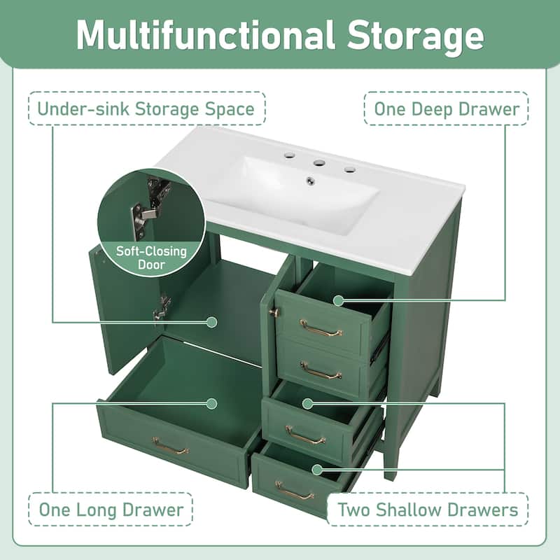 36" Bathroom Vanity with Sink Set, Wood Frame Vintage Bathroom Cabinet Vanity with Soft-Closing Doors & Drawers
