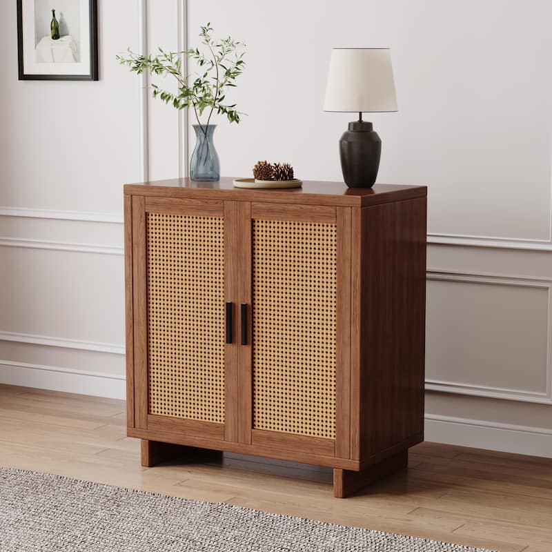 Wood Accent Cabinet Sideboard Buffet with Rattan Doors