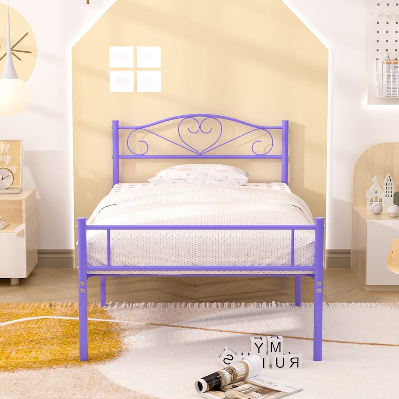 VECELO Twin Size Metal Bed Frame Set of 2, Heavy Duty Platform Beds with Headboard, No Box Spring Needed, Under Bed Storage