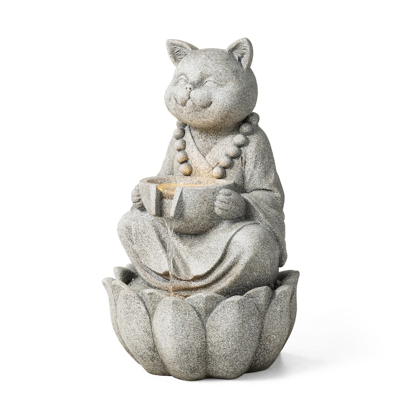 Glitzhome 21.75"H 2-Tiered Zen-Style Polyresin Cat Dog Statue Outdoor Fountain with LED Lights