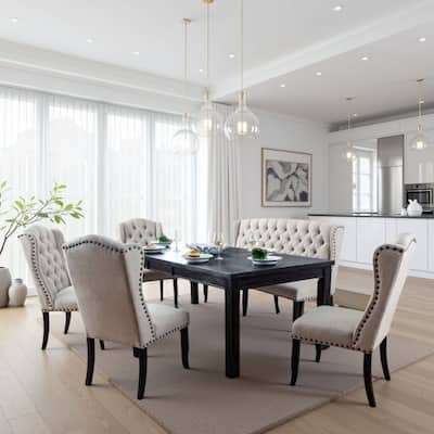 Bega 6pc Dining Table, Bench, Wingback Chair Set, Beige, Black Wood