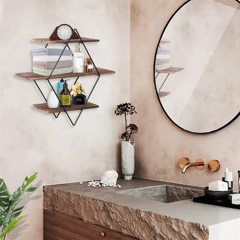 Floating Wall Mounted Display Shelf 3 Tiered Wooden Shelves Black Frame Shelving
