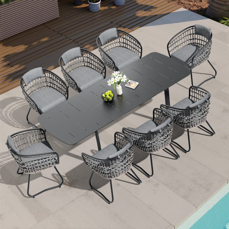 Outdoor Expandable Patio Dining Table Set Rectangular Extension Table with Chairs - Grey