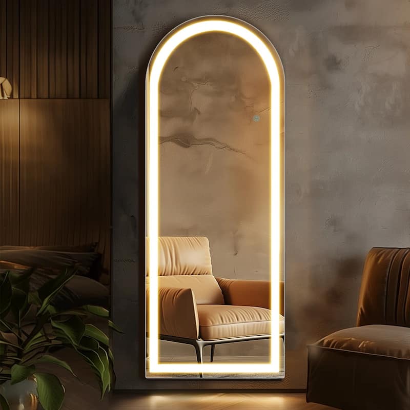 Arched Full Length Mirror with LED Lights, 26"x71" Lighted Floor Mirror with Dimming & 3 Color Lighting, Stand