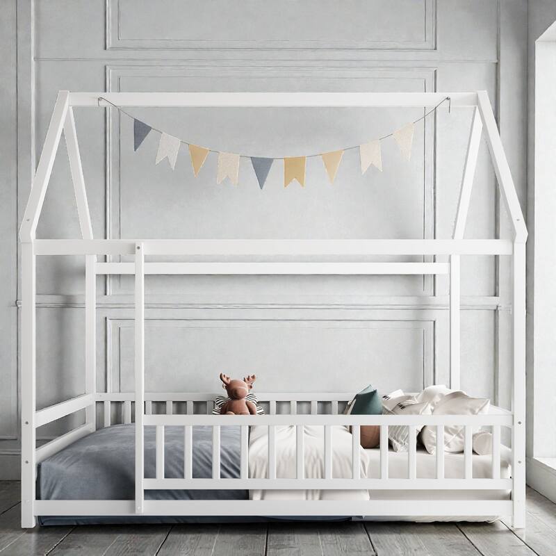 Wooden House Frame Floor Bed with Roof, Fence Guardrails, Pine Wood Kids Platform Bed for Bedroom