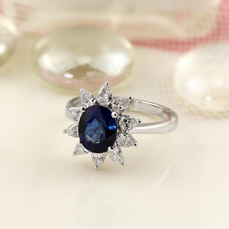 Auriya 18k Gold 2 1/3ct Royal Blue Oval Sapphire and Halo Diamond Engagement Ring 7/8ct TDW