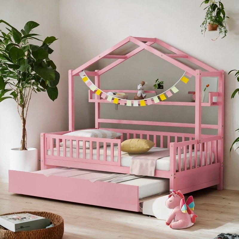 Pink Roof Wooden Twin Size House Bed with Trundle Kids Princess