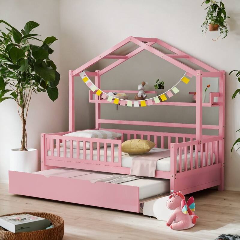 Pink Roof Wooden Twin Size House Bed with Trundle Kids Princess Bed with Shelf
