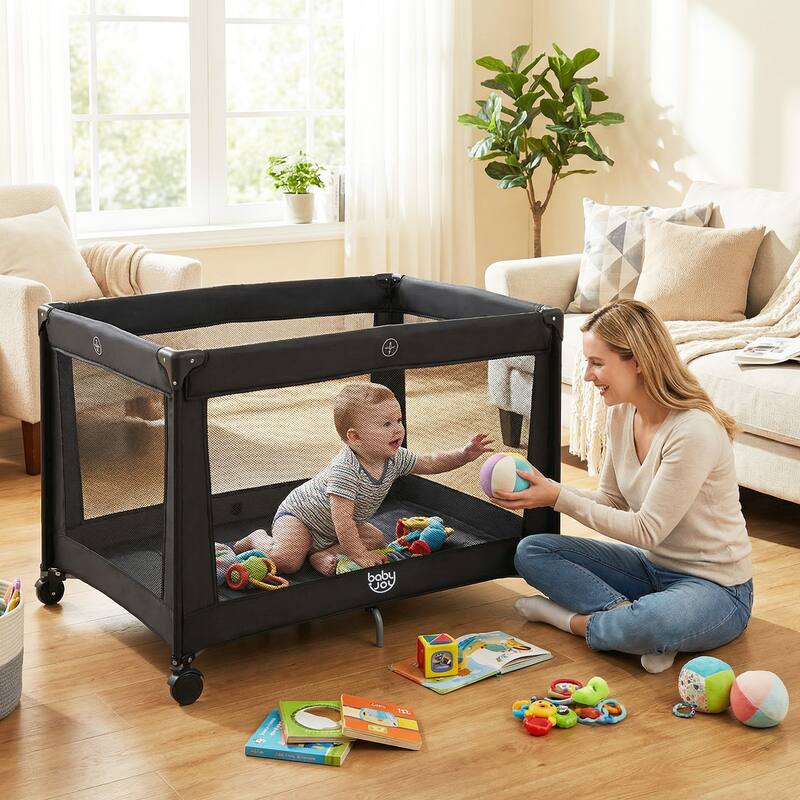 Gymax Portable Baby Playard w/Soft Mattress Breathable Mesh Sides