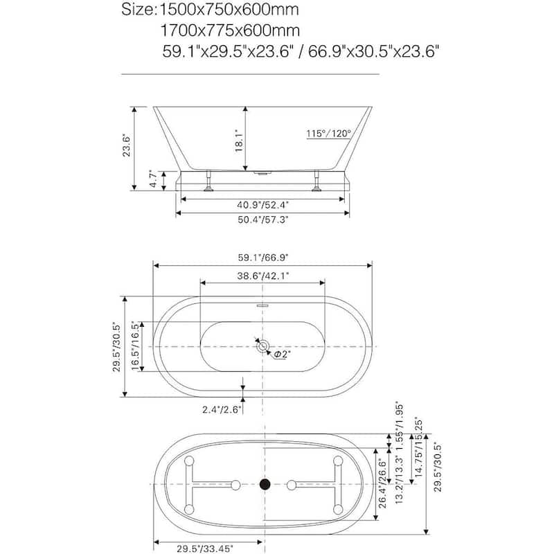 Vanity Art 59" Freestanding Acrylic Soaking Bathtub with Overflow & Pop-up Drain