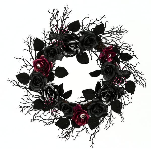 slide 2 of 2, 22" Halloween Black Rose Wreath - 22 in